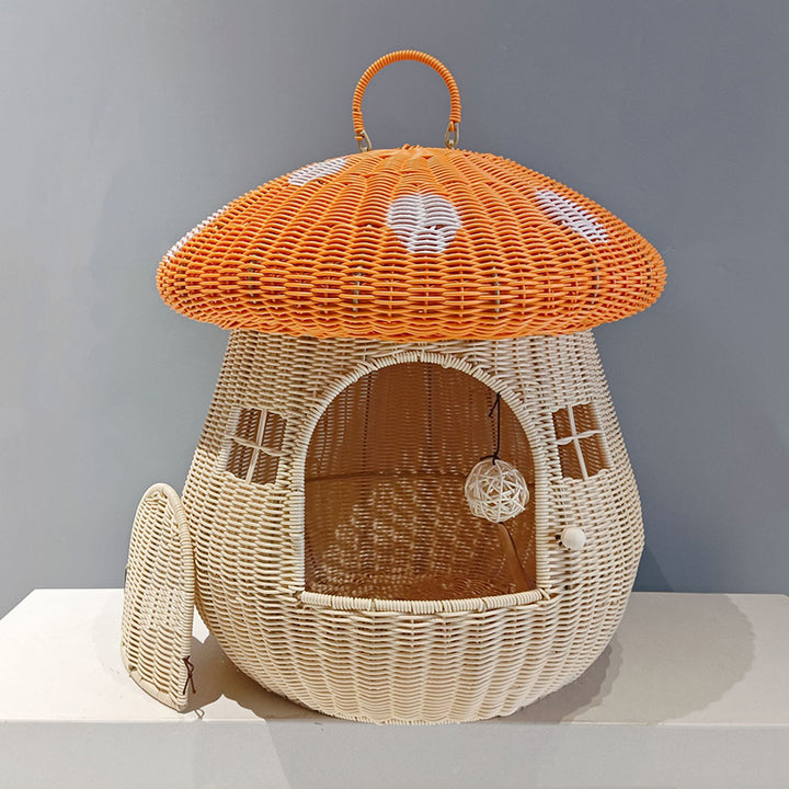Zeitgenössisches kreatives rundes PP-Rattan handgewebtes pilzförmiges Katzenbett für draußen &amp; Schlafzimmer 