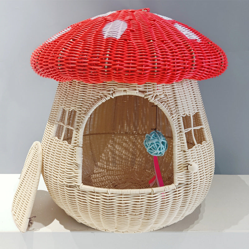 Zeitgenössisches kreatives rundes PP-Rattan handgewebtes pilzförmiges Katzenbett für draußen &amp; Schlafzimmer 