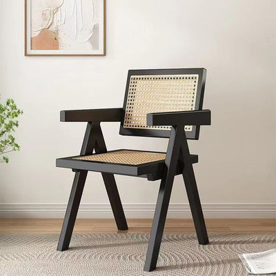 Traditional Rustic Rectangular Triangular Rattan Solid Wood Dining Chair Backrest Armrest For Dining Room
