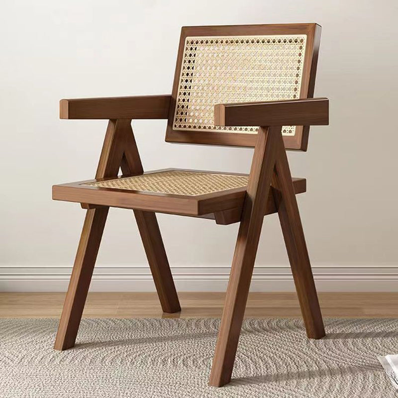 Traditional Rustic Rectangular Triangular Rattan Solid Wood Dining Chair Backrest Armrest For Dining Room
