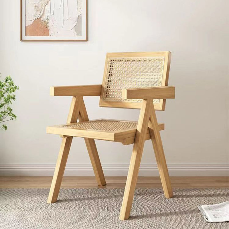 Traditional Rustic Rectangular Triangular Rattan Solid Wood Dining Chair Backrest Armrest For Dining Room
