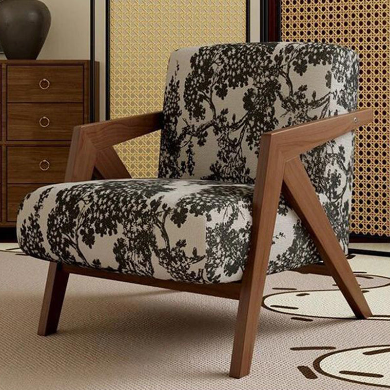 Traditional French Rectangular Cotton-Linen Fabric Solid Wood Accent Chair Backrest Armrest For Living Room