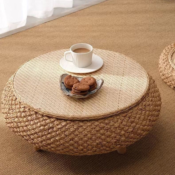Traditional Japanese Round Rattan Mat Side Table Solid Wood Frame Side Table 1-Storage For Living Room