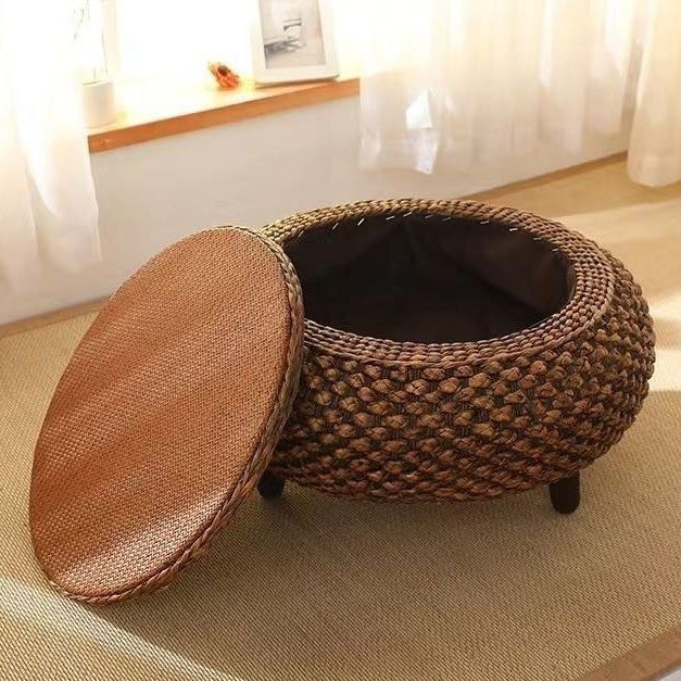 Traditional Japanese Round Rattan Mat Side Table Solid Wood Frame Side Table 1-Storage For Living Room