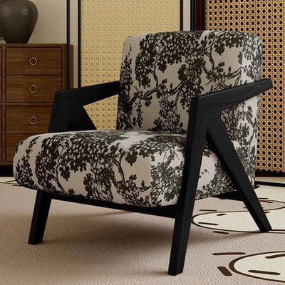 Traditional French Rectangular Cotton-Linen Fabric Solid Wood Accent Chair Backrest Armrest For Living Room