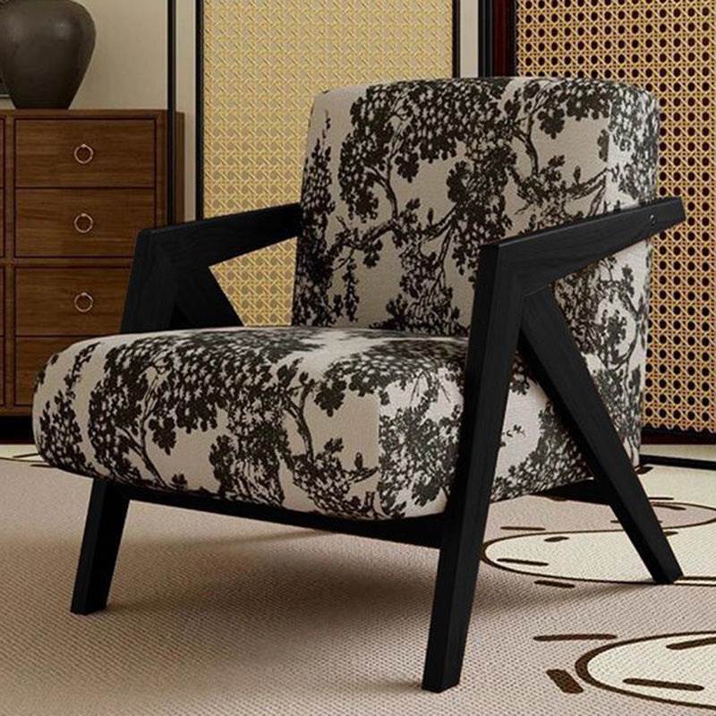 Traditional French Rectangular Cotton-Linen Fabric Solid Wood Accent Chair Backrest Armrest For Living Room