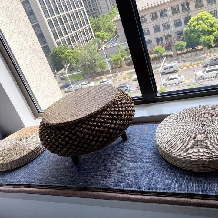 Traditional Japanese Round Rattan Mat Side Table Solid Wood Frame Side Table 1-Storage For Living Room