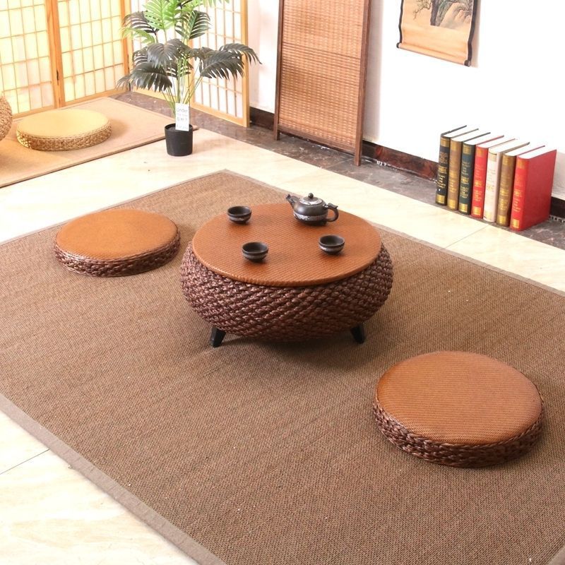 Traditional Japanese Round Rattan Mat Side Table Solid Wood Frame Side Table 1-Storage For Living Room