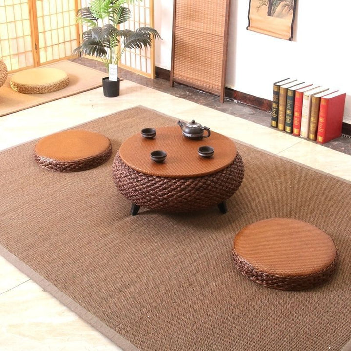 Traditional Japanese Round Rattan Mat Side Table Solid Wood Frame Side Table 1-Storage For Living Room