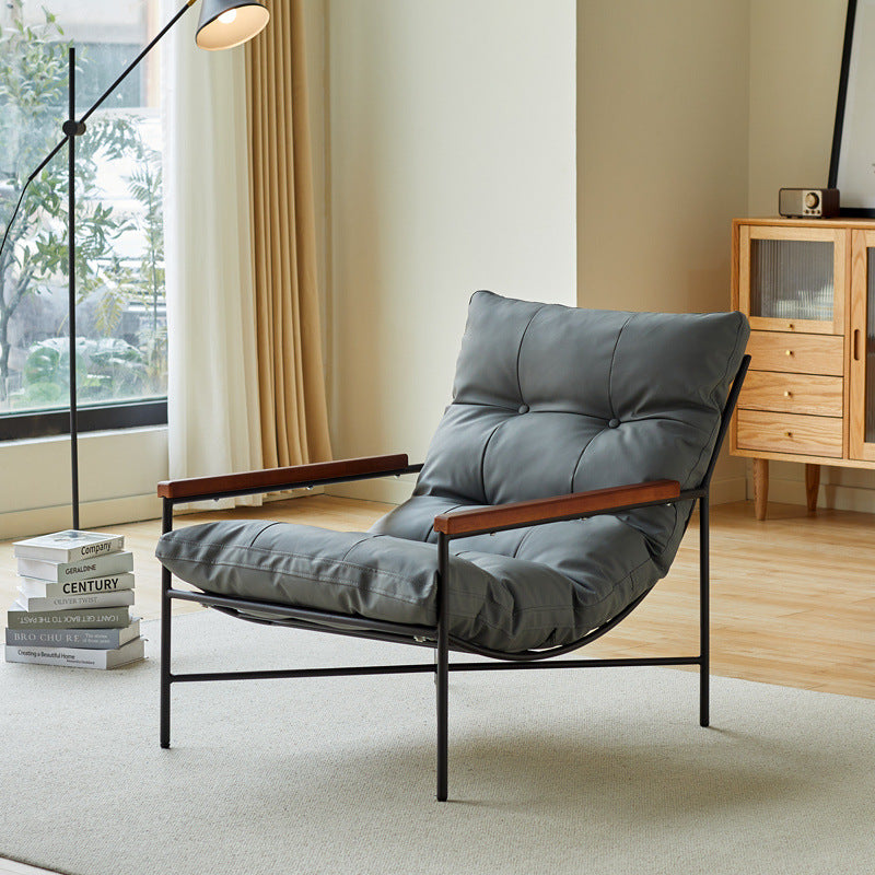 Moderner Mid-Century Rechteckiger PU-Leder-Karbonstahl-Gummibaum-Massivholz-PP-Baumwolle-Rücklehne für Wohnzimmer 