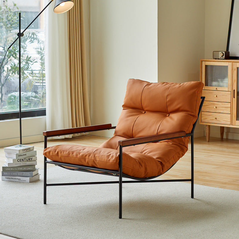 Modern Mid-Century Rectangular PU Leather Carbon Steel Rubberwood Solid Wood PP Cotton Recliner Backrest For Living Room