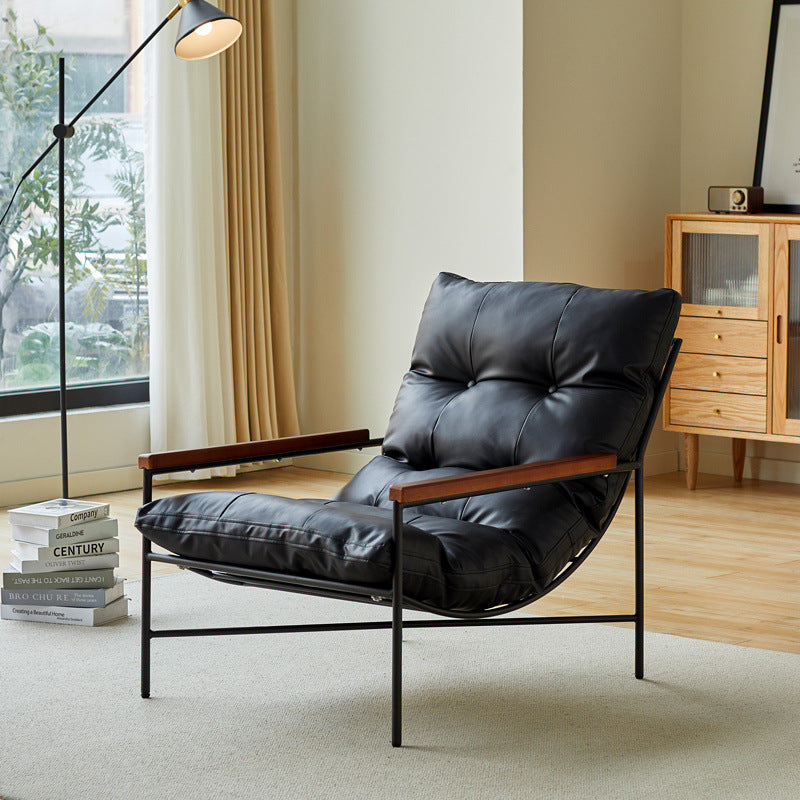 Moderner Mid-Century Rechteckiger PU-Leder-Karbonstahl-Gummibaum-Massivholz-PP-Baumwolle-Rücklehne für Wohnzimmer 