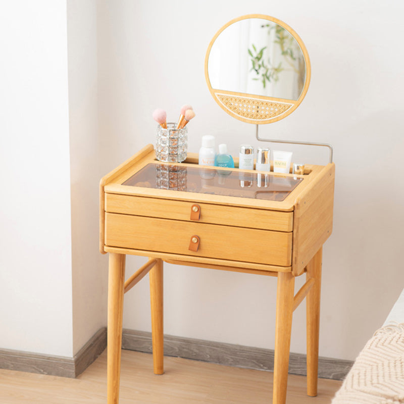 Traditional Rustic Rectangular Bamboo Stainless Steel Glass Makeup Vanity 2-Drawer For Bedroom