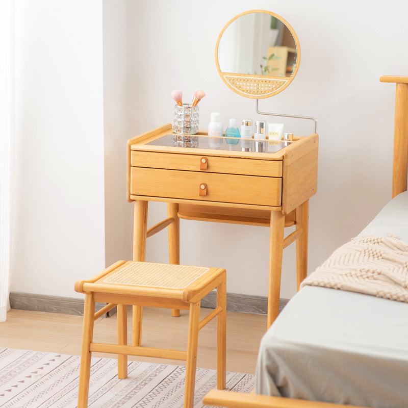 Traditional Rustic Rectangular Bamboo Stainless Steel Glass Makeup Vanity 2-Drawer For Bedroom