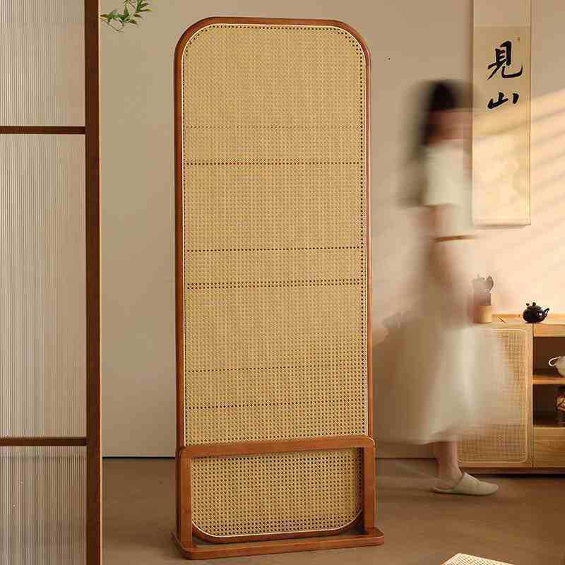 Traditional Chinese Rubberwood Solid Wood PE Rattan Room Divider With 3-Tier Storage Shelf For Living Room