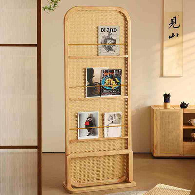 Traditional Chinese Rubberwood Solid Wood PE Rattan Room Divider With 3-Tier Storage Shelf For Living Room