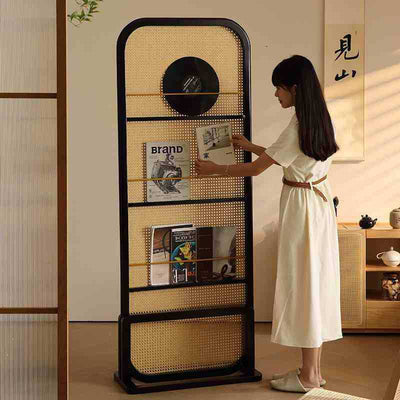 Traditional Chinese Rubberwood Solid Wood PE Rattan Room Divider With 3-Tier Storage Shelf For Living Room