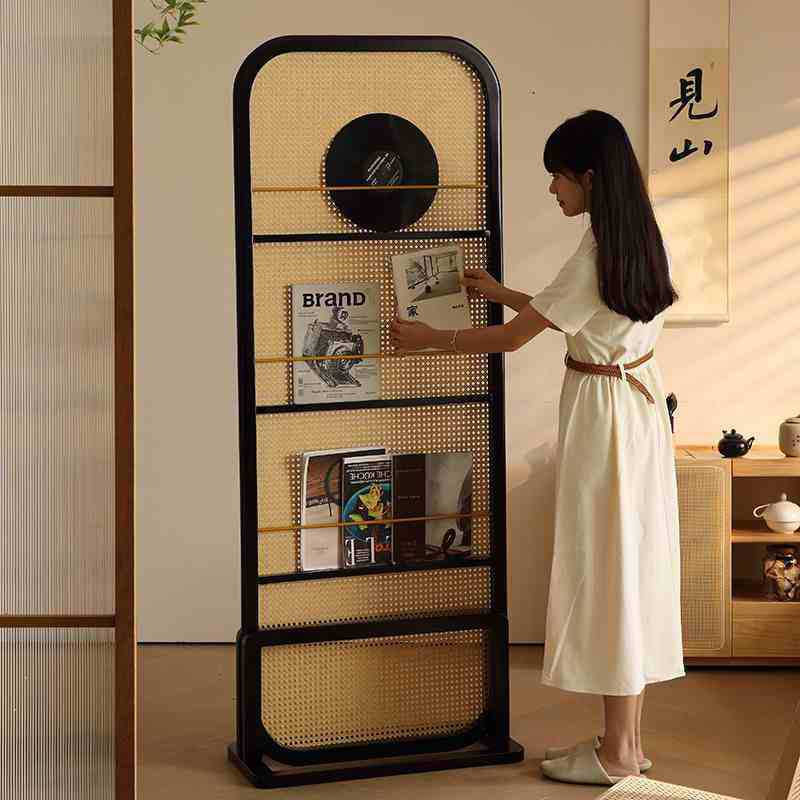 Traditional Chinese Rubberwood Solid Wood PE Rattan Room Divider With 3-Tier Storage Shelf For Living Room