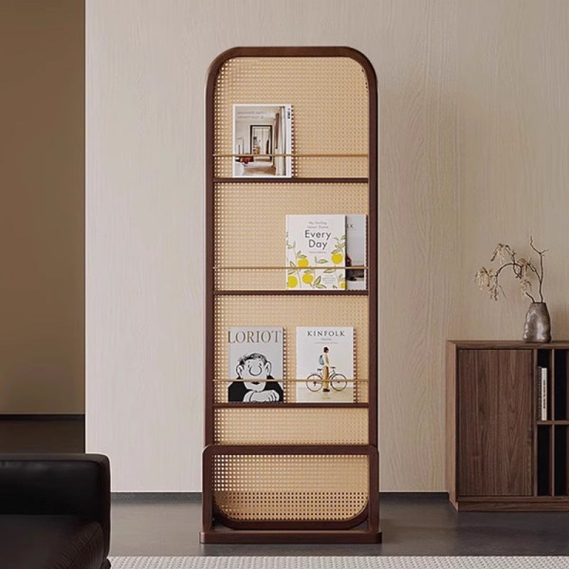 Traditional Chinese Rubberwood Solid Wood PE Rattan Room Divider With 3-Tier Storage Shelf For Living Room