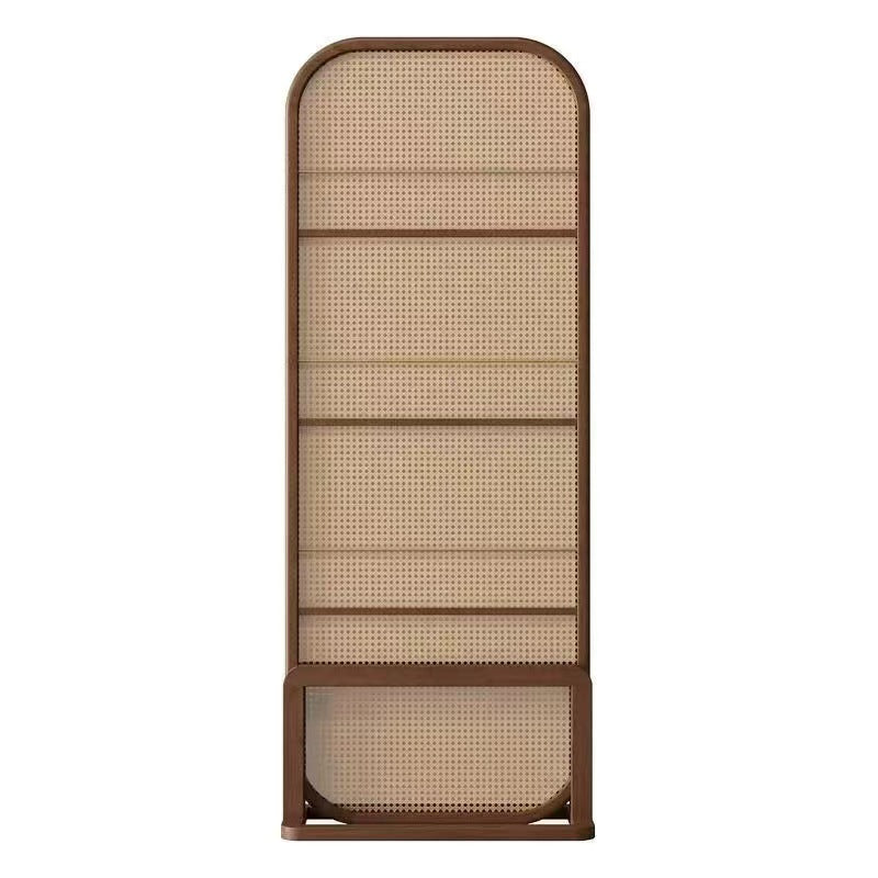 Traditional Chinese Rubberwood Solid Wood PE Rattan Room Divider With 3-Tier Storage Shelf For Living Room
