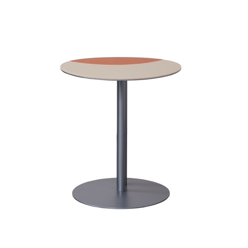 Round Two-Tone Saddle Leather End Table - Minimalist Compact Side Table With Metal Base For Living Room