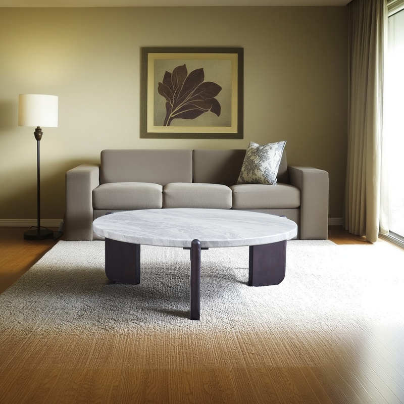 Round Faux Marble Solid Wood Coffee Table - Nordic Natural Texture Accent Table For Living Room