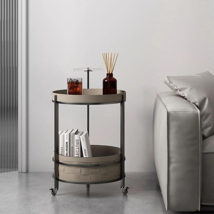 Rolling Round Saddle-Style Faux Leather Acrylic Side Table - Vintage Dual-Layer Storage Trolley With Stainless Steel Frame For Living Room