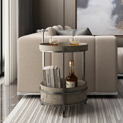 Rolling Round Saddle Leather Acrylic Side Table - Vintage Dual-Layer Storage Trolley With Stainless Steel Frame For Living Room