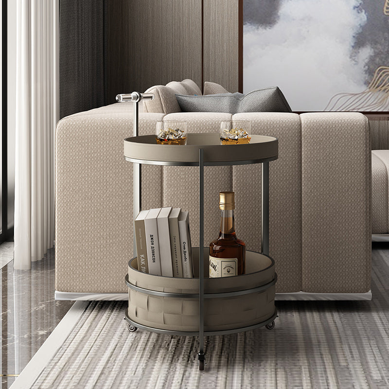 Rolling Round Saddle Leather Acrylic Side Table - Vintage Dual-Layer Storage Trolley With Stainless Steel Frame For Living Room