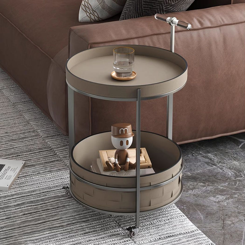 Rolling Round Saddle Leather Acrylic Side Table - Vintage Dual-Layer Storage Trolley With Stainless Steel Frame For Living Room