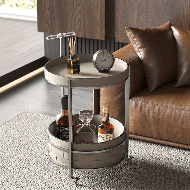 Rolling Round Saddle-Style Faux Leather Acrylic Side Table - Vintage Dual-Layer Storage Trolley With Stainless Steel Frame For Living Room