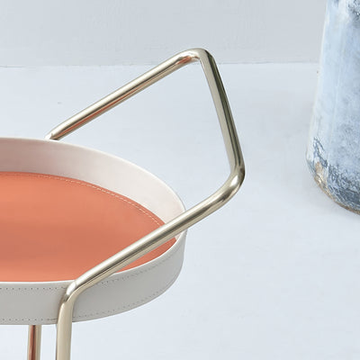 Mobile Oval Saddle Leather Side Table With Gold Stainless Steel Frame -Creative Rolling Dual Tier Drink Trolley For Dining Room
