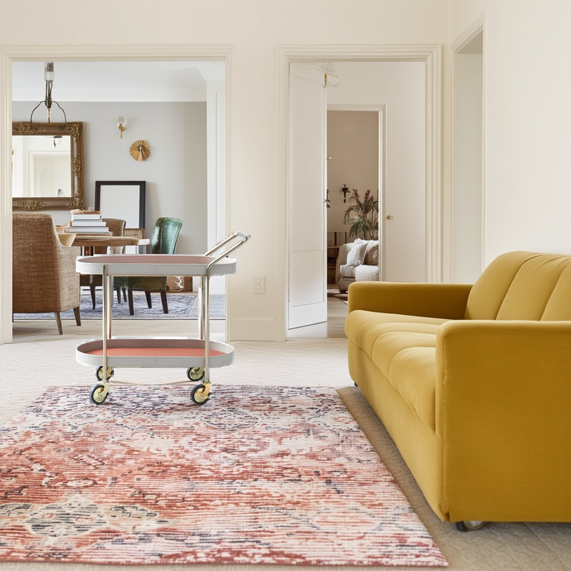 Mobile Oval Saddle Leather Side Table With Gold Stainless Steel Frame -Creative Rolling Dual Tier Drink Trolley For Dining Room