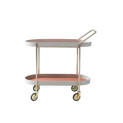 Mobile Oval Saddle Leather Side Table With Gold Stainless Steel Frame -Creative Rolling Dual Tier Drink Trolley For Dining Room