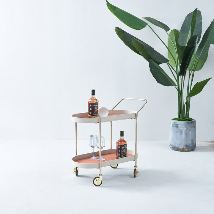 Mobiler ovaler Beistelltisch aus Kunstsattelleder mit goldfarbenem Edelstahlrahmen - Kreativer rollender Doppelschicht-Getränkewagen für das Esszimmer 