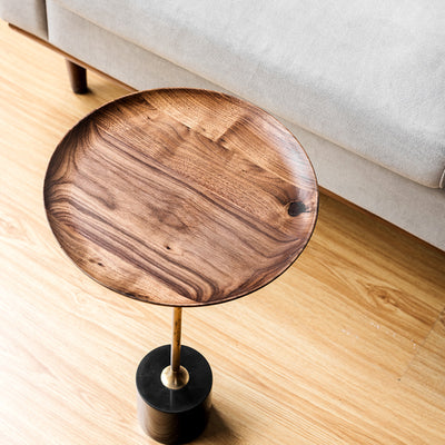 Round Walnut Wood With Solid Steel Base End Table - Vintage Compact Functionality 1-Tray Side Table For Living Room