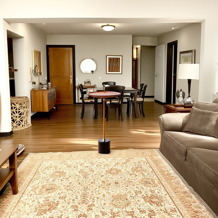Round Walnut Wood With Solid Steel Base End Table - Vintage Compact Functionality 1-Tray Side Table For Living Room