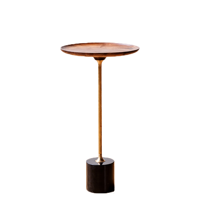 Round Walnut Wood With Solid Steel Base End Table - Vintage Compact Functionality 1-Tray Side Table For Living Room