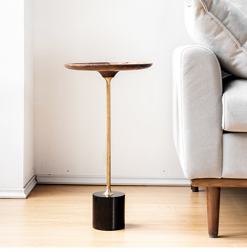Round Walnut Wood With Solid Steel Base End Table - Vintage Compact Functionality 1-Tray Side Table For Living Room