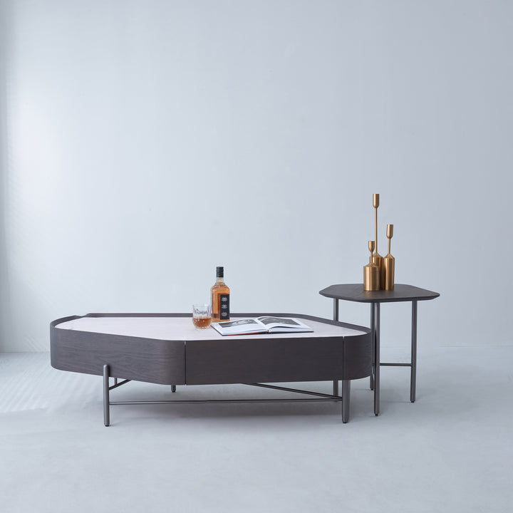 Geometric Natural Wood Travertine Carbon Steel Coffee Table - Nordic Stable Side Table For Living Room