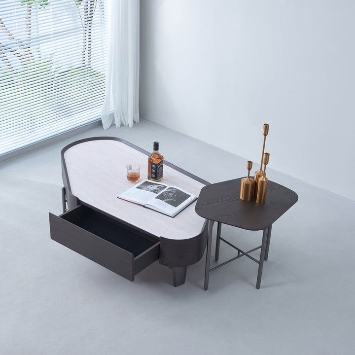 Geometric Natural Wood Travertine Carbon Steel Coffee Table - Nordic Stable Side Table For Living Room