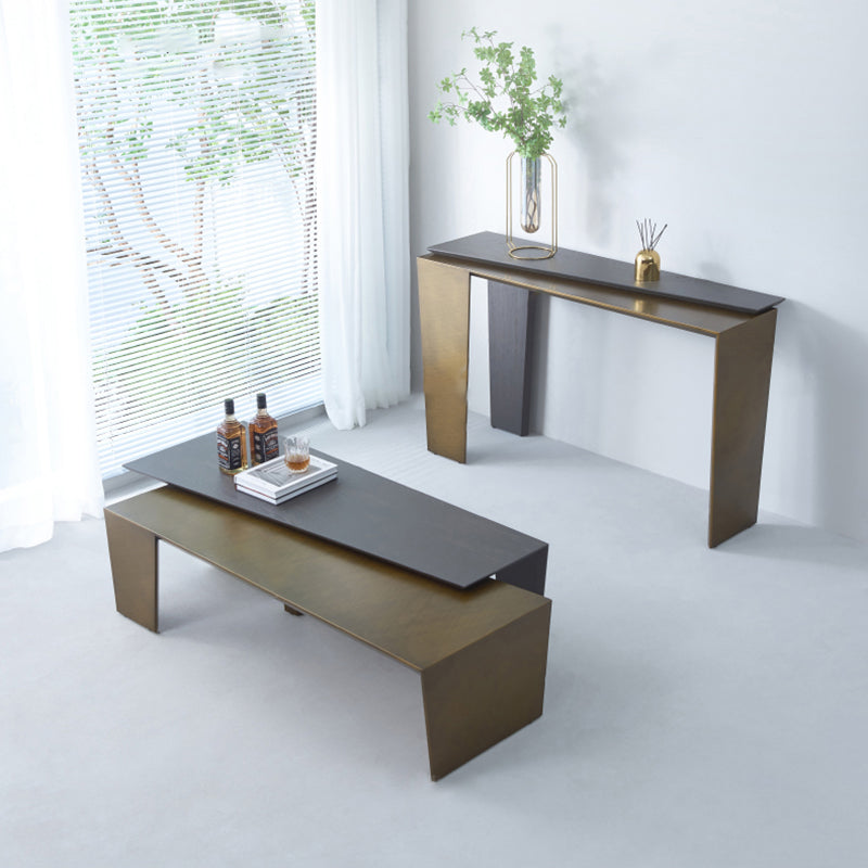 Table basse rectangulaire en bois de noyer et laiton antique - Table d&