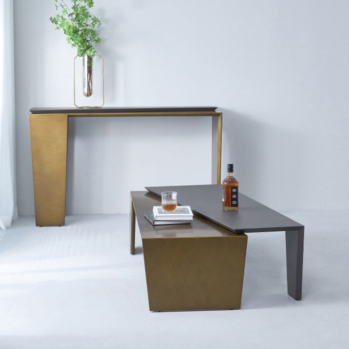 Table basse rectangulaire en bois de noyer et laiton antique - Table d&
