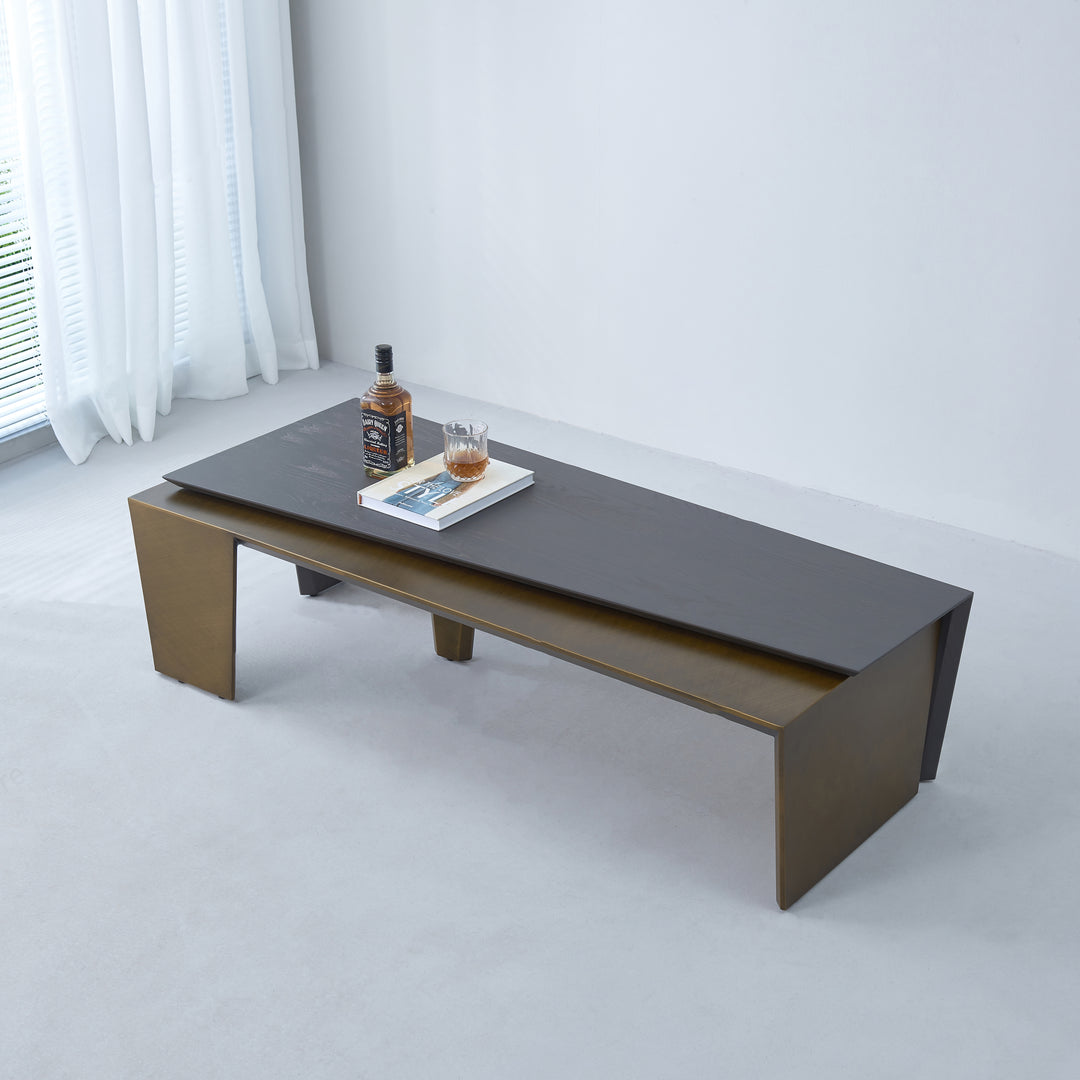 Table basse rectangulaire en bois de noyer et laiton antique - Table d&