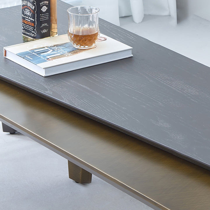 Table basse rectangulaire en bois de noyer et laiton antique - Table d&