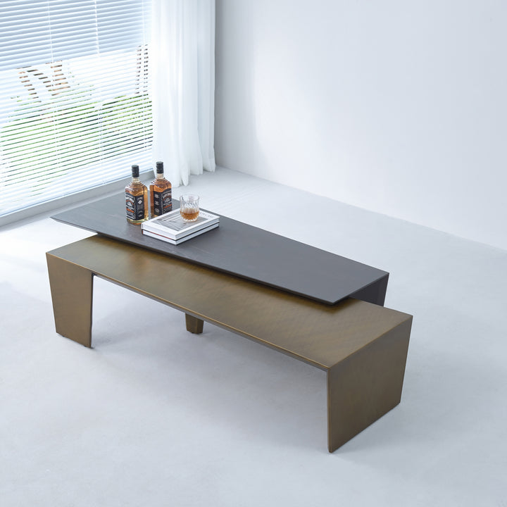 Table basse rectangulaire en bois de noyer et laiton antique - Table d&