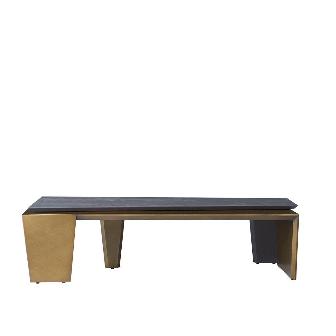 Table basse rectangulaire en bois de noyer et laiton antique - Table d&