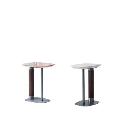 Irregular Rounded-Rectangle Natural Marble Solid Wood End Table - Scandinavian Dual-Pillar Legs Accent Table For Living Room