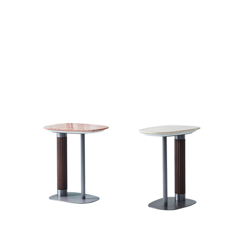 Irregular Rounded-Rectangle Natural Marble Solid Wood End Table - Scandinavian Dual-Pillar Legs Accent Table For Living Room