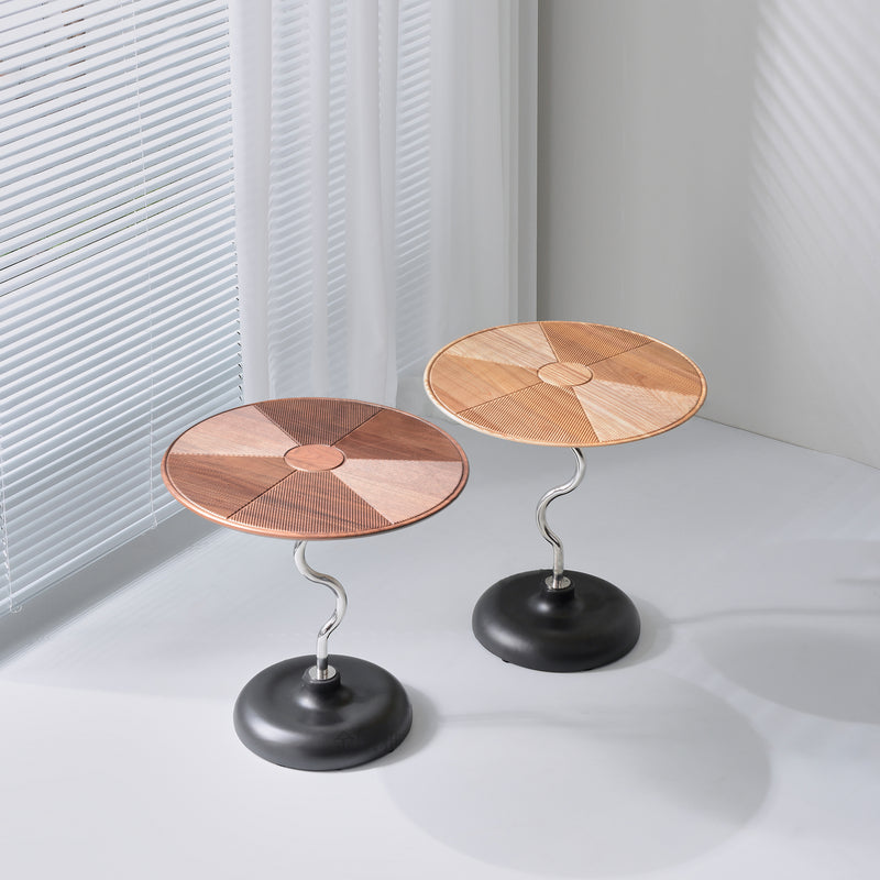 Artistic Round Curved Stem Wood Stainless Steel End Table - Vintage Classic Accent Table For Living Room